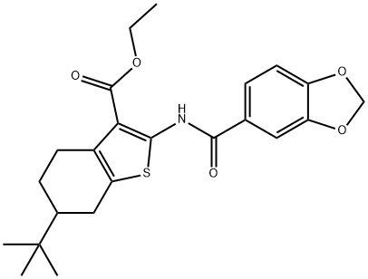 ethyl 2-(1,3-benzodioxole-5-carbonylamino)-6-tert-butyl-4,5,6,7-tetrahydro-1-benzothiophene-3-carboxylate Struktur