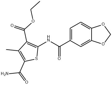 ethyl 2-(1,3-benzodioxole-5-carbonylamino)-5-carbamoyl-4-methylthiophene-3-carboxylate Struktur