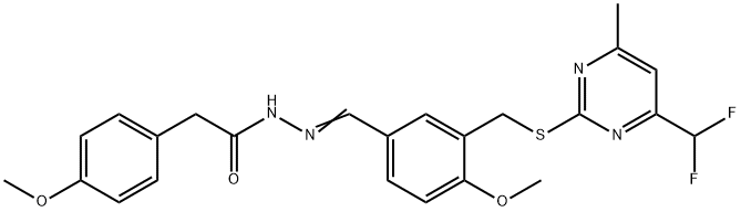 N-[(E)-[3-[[4-(difluoromethyl)-6-methylpyrimidin-2-yl]sulfanylmethyl]-4-methoxyphenyl]methylideneamino]-2-(4-methoxyphenyl)acetamide Struktur