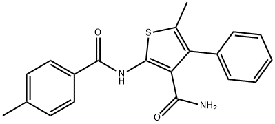 5-methyl-2-[(4-methylbenzoyl)amino]-4-phenylthiophene-3-carboxamide Struktur