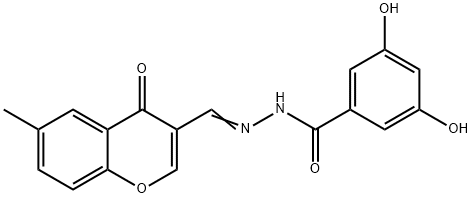 3,5-dihydroxy-N-[(E)-(6-methyl-4-oxochromen-3-yl)methylideneamino]benzamide Struktur