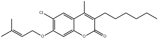 6-chloro-3-hexyl-4-methyl-7-(3-methylbut-2-enoxy)chromen-2-one Struktur