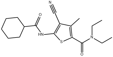 4-cyano-5-(cyclohexanecarbonylamino)-N,N-diethyl-3-methylthiophene-2-carboxamide Struktur