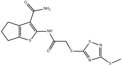 2-[[2-[(3-methylsulfanyl-1,2,4-thiadiazol-5-yl)sulfanyl]acetyl]amino]-5,6-dihydro-4H-cyclopenta[b]thiophene-3-carboxamide Struktur