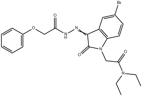 2-[(3Z)-5-bromo-2-oxo-3-[(2-phenoxyacetyl)hydrazinylidene]indol-1-yl]-N,N-diethylacetamide Struktur