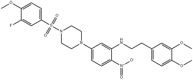 N-[2-(3,4-dimethoxyphenyl)ethyl]-5-[4-(3-fluoro-4-methoxyphenyl)sulfonylpiperazin-1-yl]-2-nitroaniline Struktur