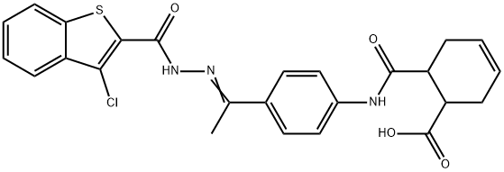 6-[[4-[(E)-N-[(3-chloro-1-benzothiophene-2-carbonyl)amino]-C-methylcarbonimidoyl]phenyl]carbamoyl]cyclohex-3-ene-1-carboxylic acid Struktur