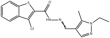 3-chloro-N-[(Z)-(1-ethyl-5-methylpyrazol-4-yl)methylideneamino]-1-benzothiophene-2-carboxamide Struktur