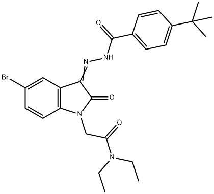 N-[(Z)-[5-bromo-1-[2-(diethylamino)-2-oxoethyl]-2-oxoindol-3-ylidene]amino]-4-tert-butylbenzamide Struktur