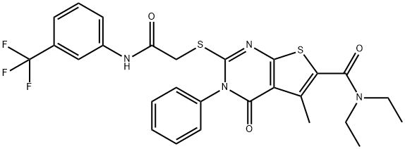 N,N-diethyl-5-methyl-4-oxo-2-[2-oxo-2-[3-(trifluoromethyl)anilino]ethyl]sulfanyl-3-phenylthieno[2,3-d]pyrimidine-6-carboxamide Struktur