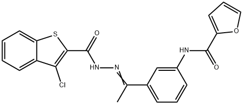 N-[3-[(E)-N-[(3-chloro-1-benzothiophene-2-carbonyl)amino]-C-methylcarbonimidoyl]phenyl]furan-2-carboxamide Struktur