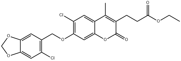 ethyl 3-[6-chloro-7-[(6-chloro-1,3-benzodioxol-5-yl)methoxy]-4-methyl-2-oxochromen-3-yl]propanoate Struktur