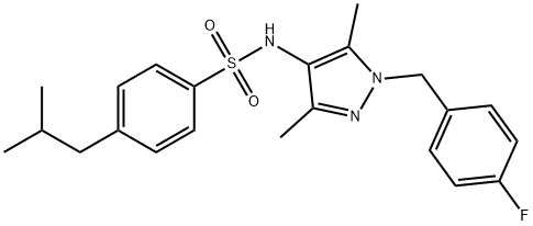 N-[1-[(4-fluorophenyl)methyl]-3,5-dimethylpyrazol-4-yl]-4-(2-methylpropyl)benzenesulfonamide Struktur