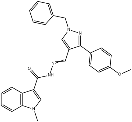 N-[(E)-[1-benzyl-3-(4-methoxyphenyl)pyrazol-4-yl]methylideneamino]-1-methylindole-3-carboxamide Struktur