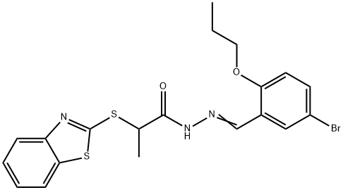 2-(1,3-benzothiazol-2-ylsulfanyl)-N-[(E)-(5-bromo-2-propoxyphenyl)methylideneamino]propanamide Struktur