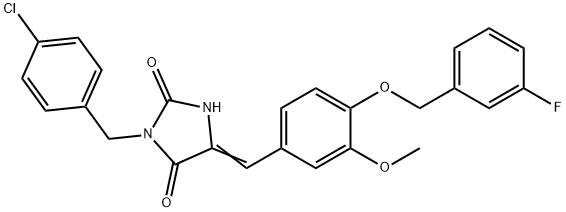 (5Z)-3-[(4-chlorophenyl)methyl]-5-[[4-[(3-fluorophenyl)methoxy]-3-methoxyphenyl]methylidene]imidazolidine-2,4-dione Struktur