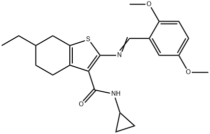 N-cyclopropyl-2-[(E)-(2,5-dimethoxyphenyl)methylideneamino]-6-ethyl-4,5,6,7-tetrahydro-1-benzothiophene-3-carboxamide Struktur