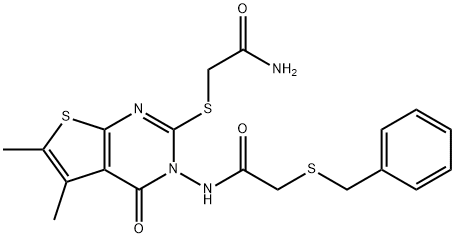 2-[3-[(2-benzylsulfanylacetyl)amino]-5,6-dimethyl-4-oxothieno[2,3-d]pyrimidin-2-yl]sulfanylacetamide Struktur