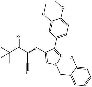 (2E)-2-[[1-[(2-chlorophenyl)methyl]-3-(3,4-dimethoxyphenyl)pyrazol-4-yl]methylidene]-4,4-dimethyl-3-oxopentanenitrile Struktur