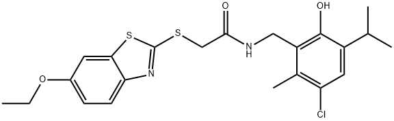 N-[(5-chloro-2-hydroxy-6-methyl-3-propan-2-ylphenyl)methyl]-2-[(6-ethoxy-1,3-benzothiazol-2-yl)sulfanyl]acetamide Struktur