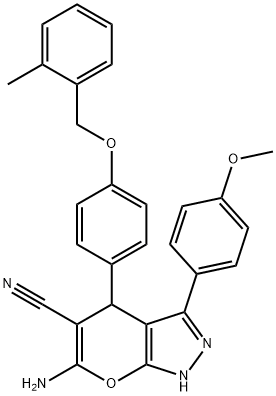 6-amino-3-(4-methoxyphenyl)-4-[4-[(2-methylphenyl)methoxy]phenyl]-2,4-dihydropyrano[2,3-c]pyrazole-5-carbonitrile Struktur