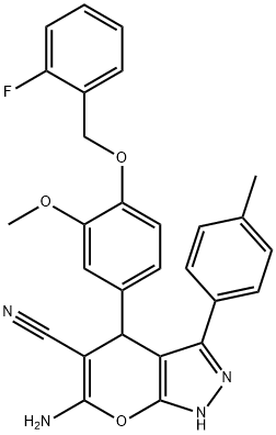 6-amino-4-[4-[(2-fluorophenyl)methoxy]-3-methoxyphenyl]-3-(4-methylphenyl)-2,4-dihydropyrano[2,3-c]pyrazole-5-carbonitrile Struktur