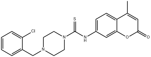 4-[(2-chlorophenyl)methyl]-N-(4-methyl-2-oxochromen-7-yl)piperazine-1-carbothioamide Struktur