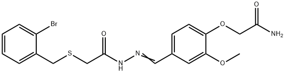 2-[4-[(E)-[[2-[(2-bromophenyl)methylsulfanyl]acetyl]hydrazinylidene]methyl]-2-methoxyphenoxy]acetamide Struktur