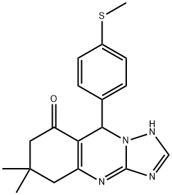 6,6-dimethyl-9-(4-methylsulfanylphenyl)-1,5,7,9-tetrahydro-[1,2,4]triazolo[5,1-b]quinazolin-8-one Struktur