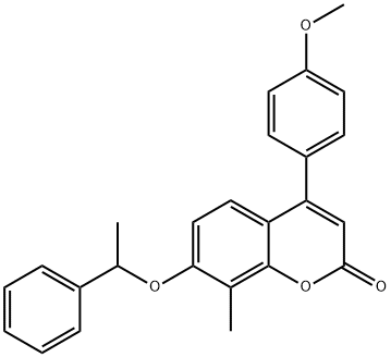 4-(4-methoxyphenyl)-8-methyl-7-(1-phenylethoxy)chromen-2-one Struktur