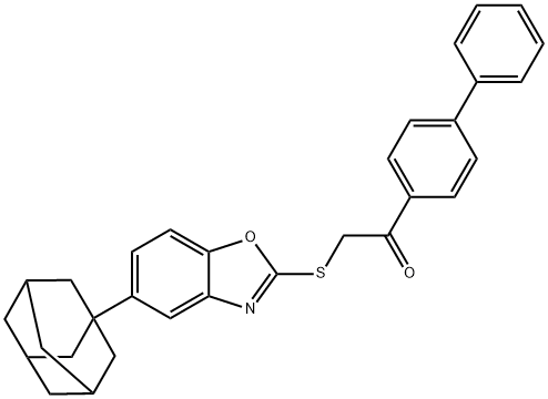 2-[[5-(1-adamantyl)-1,3-benzoxazol-2-yl]sulfanyl]-1-(4-phenylphenyl)ethanone Struktur