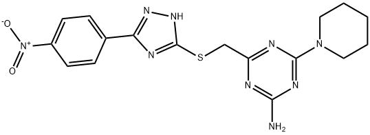 4-[[5-(4-nitrophenyl)-1H-1,2,4-triazol-3-yl]sulfanylmethyl]-6-piperidin-1-yl-1,3,5-triazin-2-amine Struktur