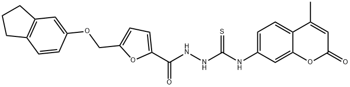 1-[[5-(2,3-dihydro-1H-inden-5-yloxymethyl)furan-2-carbonyl]amino]-3-(4-methyl-2-oxochromen-7-yl)thiourea Struktur