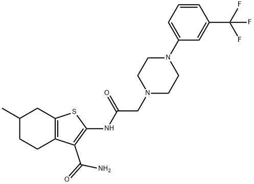 6-methyl-2-[[2-[4-[3-(trifluoromethyl)phenyl]piperazin-1-yl]acetyl]amino]-4,5,6,7-tetrahydro-1-benzothiophene-3-carboxamide Struktur