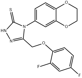 3-[(2,4-difluorophenoxy)methyl]-4-(2,3-dihydro-1,4-benzodioxin-6-yl)-1H-1,2,4-triazole-5-thione Struktur