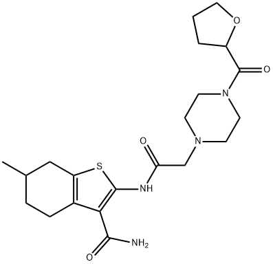 6-methyl-2-[[2-[4-(oxolane-2-carbonyl)piperazin-1-yl]acetyl]amino]-4,5,6,7-tetrahydro-1-benzothiophene-3-carboxamide Struktur