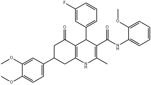 7-(3,4-dimethoxyphenyl)-4-(3-fluorophenyl)-N-(2-methoxyphenyl)-2-methyl-5-oxo-4,6,7,8-tetrahydro-1H-quinoline-3-carboxamide Struktur