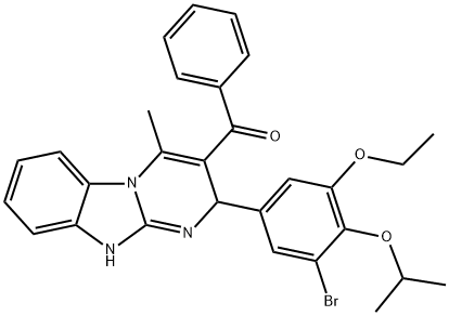 [2-(3-bromo-5-ethoxy-4-propan-2-yloxyphenyl)-4-methyl-2,10-dihydropyrimido[1,2-a]benzimidazol-3-yl]-phenylmethanone Struktur