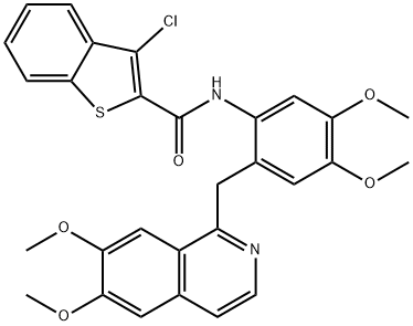 3-chloro-N-[2-[(6,7-dimethoxyisoquinolin-1-yl)methyl]-4,5-dimethoxyphenyl]-1-benzothiophene-2-carboxamide Struktur