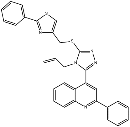 2-phenyl-4-[[5-(2-phenylquinolin-4-yl)-4-prop-2-enyl-1,2,4-triazol-3-yl]sulfanylmethyl]-1,3-thiazole Struktur