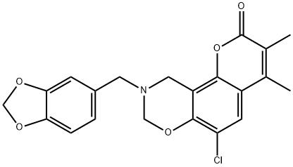 9-(1,3-benzodioxol-5-ylmethyl)-6-chloro-3,4-dimethyl-8,10-dihydropyrano[2,3-f][1,3]benzoxazin-2-one Struktur