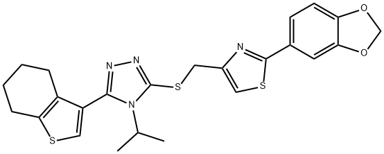 2-(1,3-benzodioxol-5-yl)-4-[[4-propan-2-yl-5-(4,5,6,7-tetrahydro-1-benzothiophen-3-yl)-1,2,4-triazol-3-yl]sulfanylmethyl]-1,3-thiazole Struktur