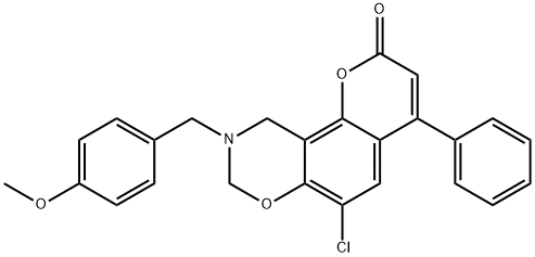 6-chloro-9-[(4-methoxyphenyl)methyl]-4-phenyl-8,10-dihydropyrano[2,3-f][1,3]benzoxazin-2-one Struktur