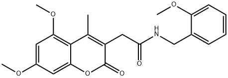 2-(5,7-dimethoxy-4-methyl-2-oxochromen-3-yl)-N-[(2-methoxyphenyl)methyl]acetamide Struktur