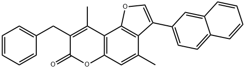 8-benzyl-4,9-dimethyl-3-naphthalen-2-ylfuro[2,3-f]chromen-7-one Struktur