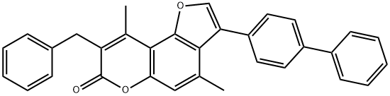 8-benzyl-4,9-dimethyl-3-(4-phenylphenyl)furo[2,3-f]chromen-7-one Struktur