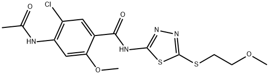 4-acetamido-5-chloro-2-methoxy-N-[5-(2-methoxyethylsulfanyl)-1,3,4-thiadiazol-2-yl]benzamide Struktur