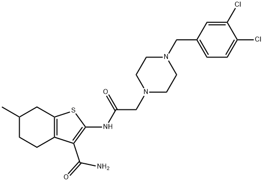 2-[[2-[4-[(3,4-dichlorophenyl)methyl]piperazin-1-yl]acetyl]amino]-6-methyl-4,5,6,7-tetrahydro-1-benzothiophene-3-carboxamide Struktur