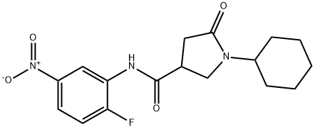 1-cyclohexyl-N-(2-fluoro-5-nitrophenyl)-5-oxopyrrolidine-3-carboxamide Struktur