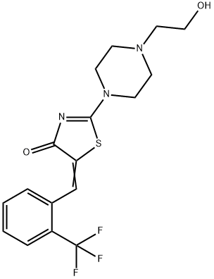 (5Z)-2-[4-(2-hydroxyethyl)piperazin-1-yl]-5-[[2-(trifluoromethyl)phenyl]methylidene]-1,3-thiazol-4-one Struktur